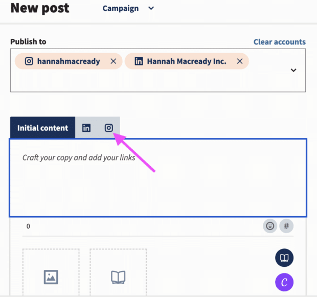 arrow pointing to where to toggle between social accounts in hootsuite composer