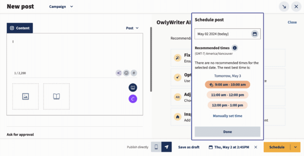 hootsuite best time to publish feature shown in composer