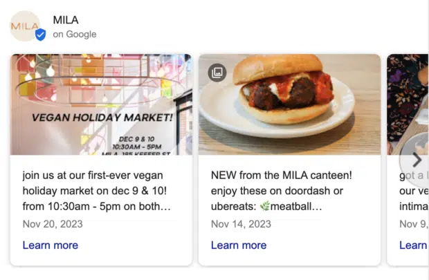 various google my business posts by mila restaurant promoting their daily deals