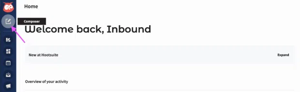 arrow pointing to composer icon on left side of hootsuite dashboard