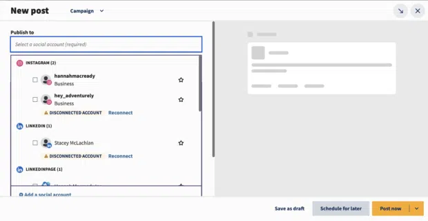 hootsuite composer drop down showing connected social media accounts that you can create posts for