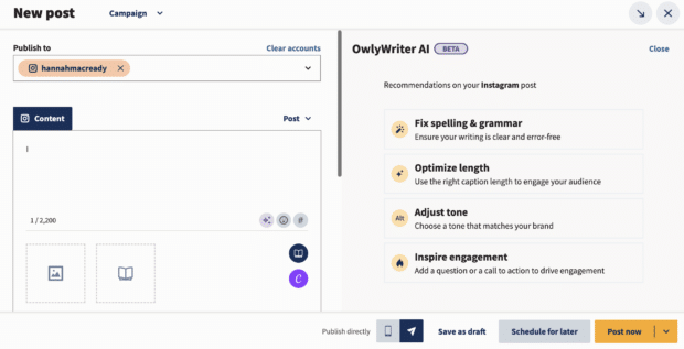 hootsuite composer showing fields for copy, images, and media