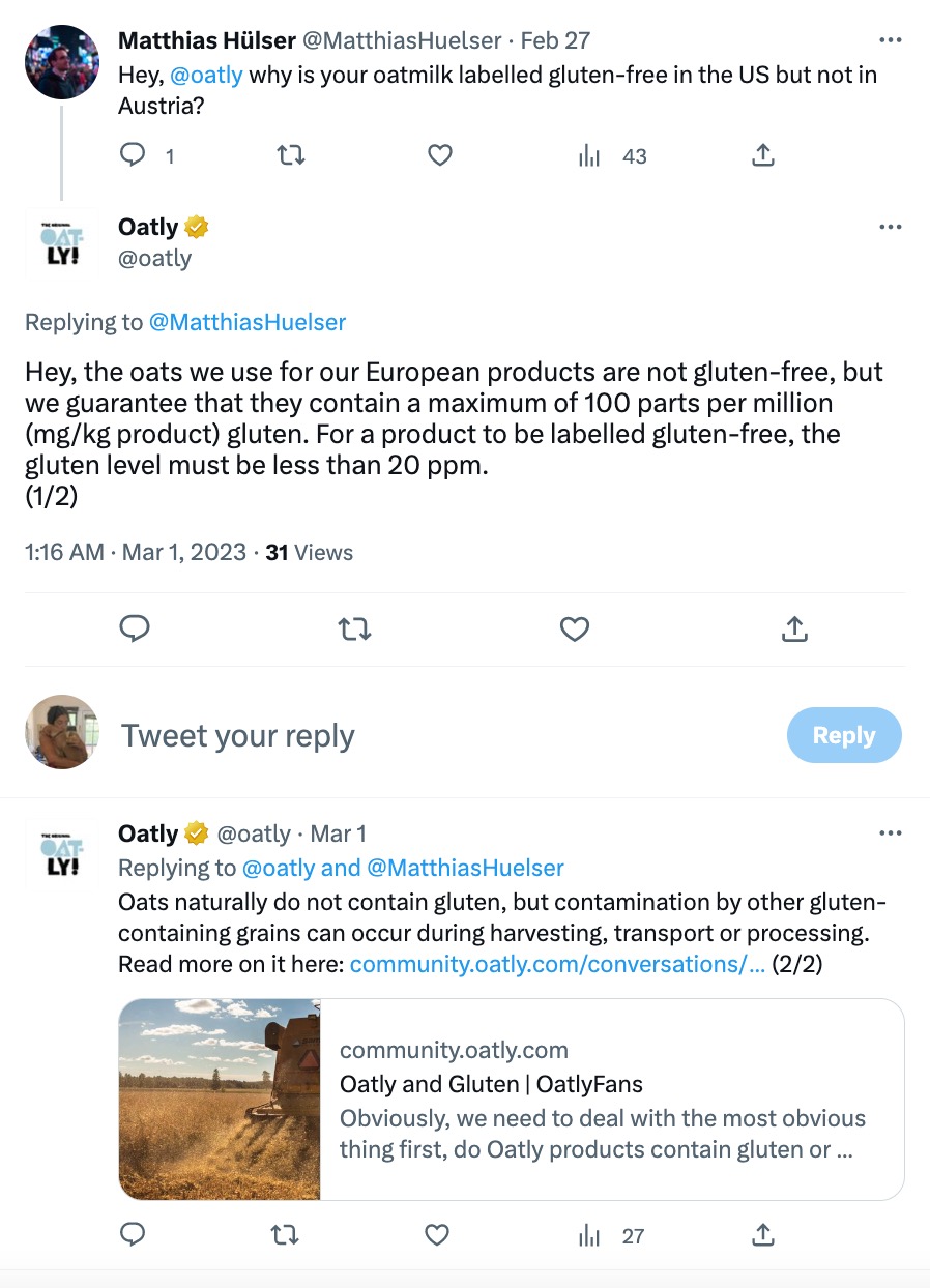 An X post from Oatly (@oatly) responding to a question on why their oat milk is labeled gluten-free in the US but not in Austra. Their response says, “Hey, the oats we use for our European products are not gluten-free, but we guarantee that they contain a maximum of 100 parts per million (mg/kg product) gluten. For a product to be labelled gluten-free, the gluten level must be less than 20 ppm.” 