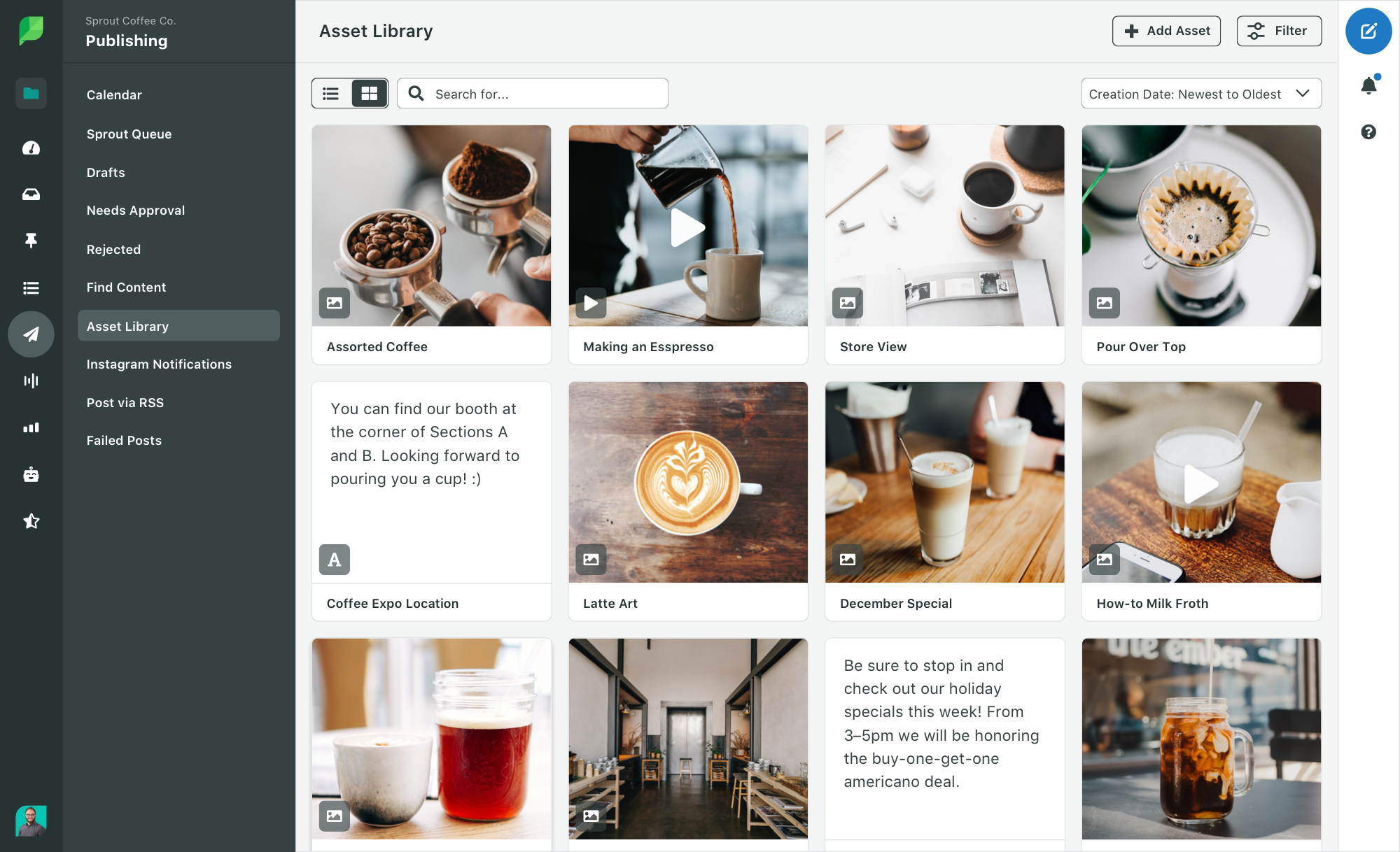 Sprout’s Asset Library interface with various coffee-related images and posts. It includes photos of coffee beans, espresso, latte art and coffee shop interiors.