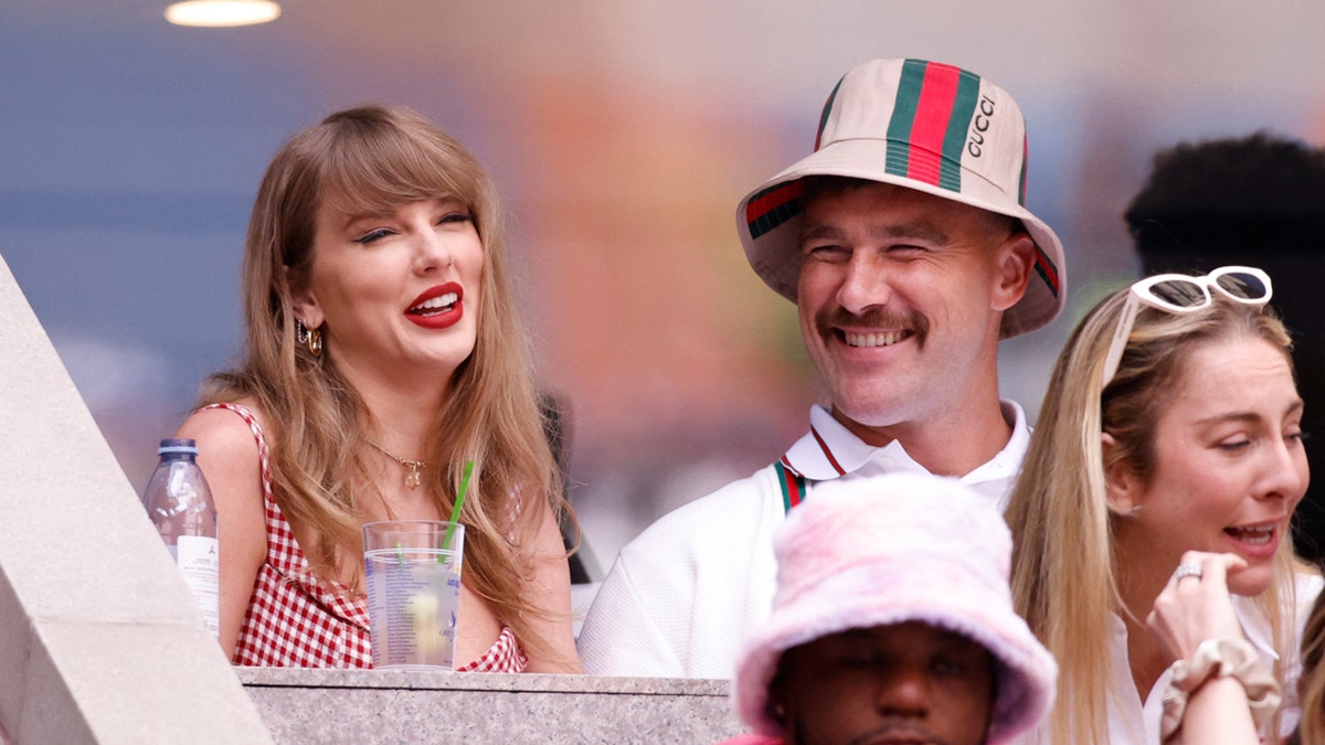 Taylor Swift and Travis Kelce are all smiles during the final day of the U.S. Open, Sept. 8, 2024.