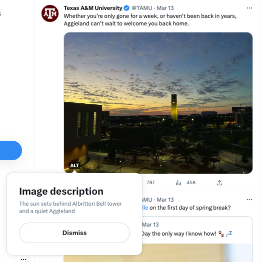 An X post from Texas A&M University Twitter account (@TAMU). The Tweet says “Whether you’re only gone for a week, or haven’t been back in years, Aggieland can’t wait to welcome you back home”. It includes an image of Albritton tower. The alt text says “The sun sets behind Albritton Bell tower and a quiet Aggieland”. 