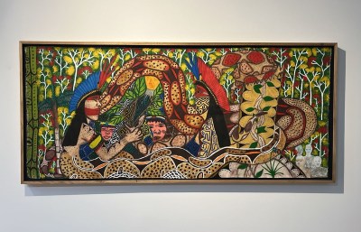 A painting of Indigenous Brazilian mythology showing people with a large snake. 