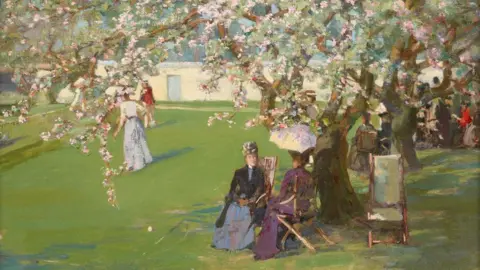 Lyon and Turnbull Sir John Lavery’s Paisley Lawn Tennis Club shows late 19th century socialites sitting under a cherry blossom tree and figures play lawn tennis in the background