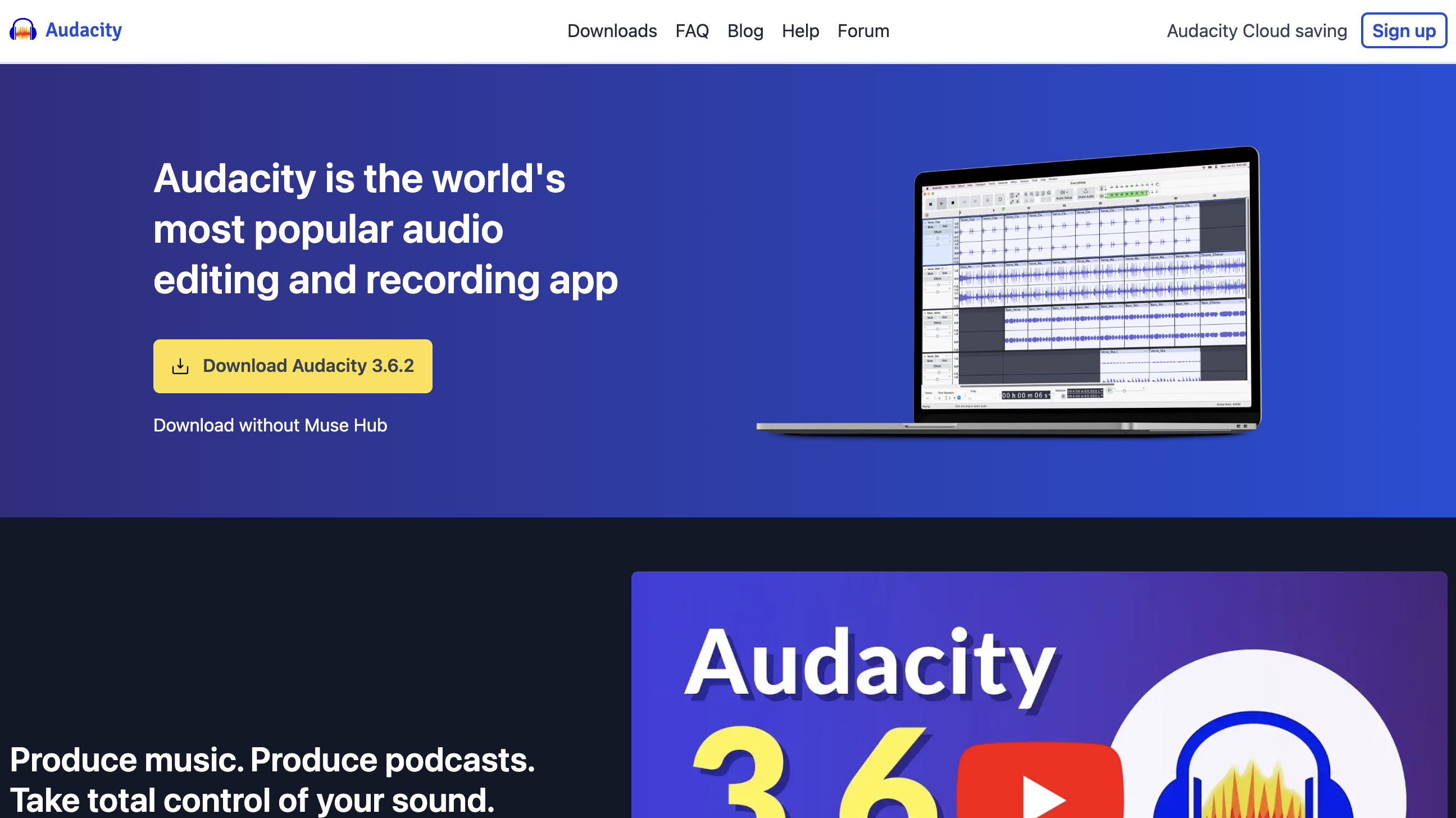 Audacity's website homepage and a download button for the free editing and recording app. 