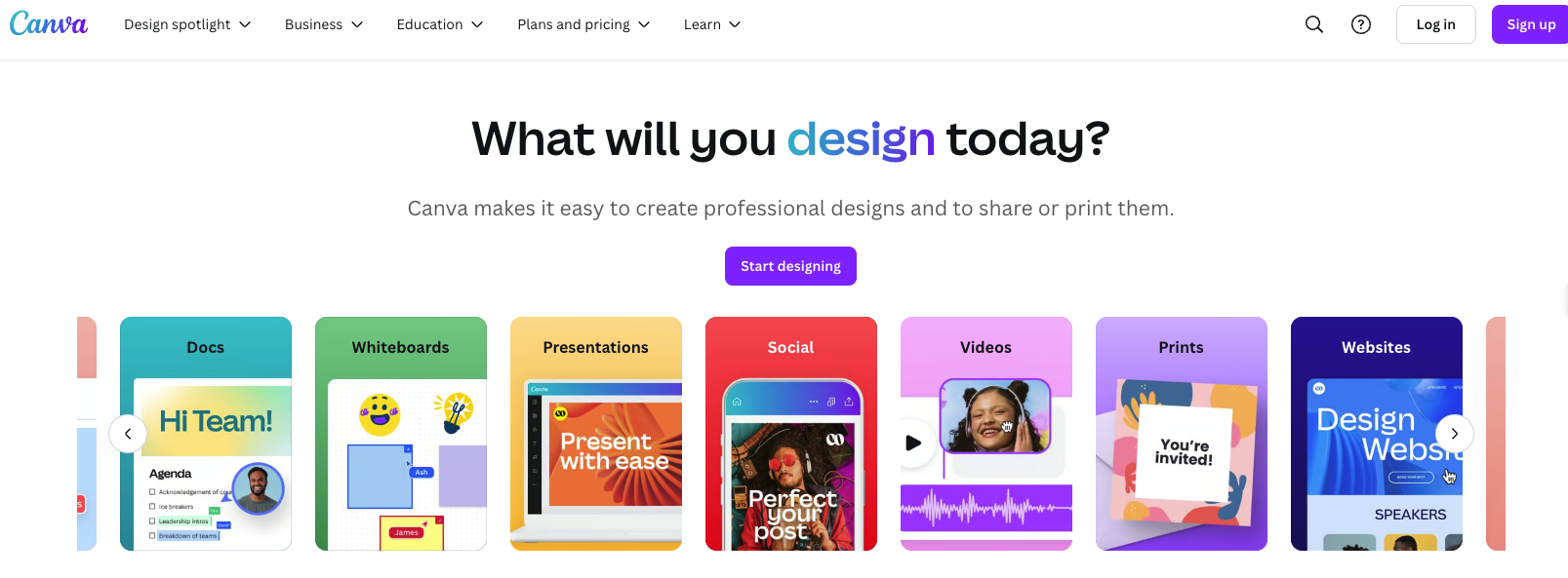 Canva's website homepage showcasing several categories for templates and call to action button to start designing. 