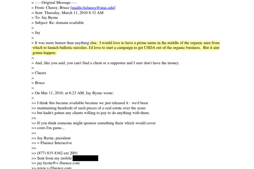 An email exchange between Jay Bryne and Dr Bruce Chassy, 2010.