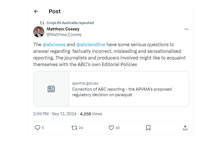 A screenshot of a Tweet by Matthew Cossey claiming the ABC has been factually incorrect.