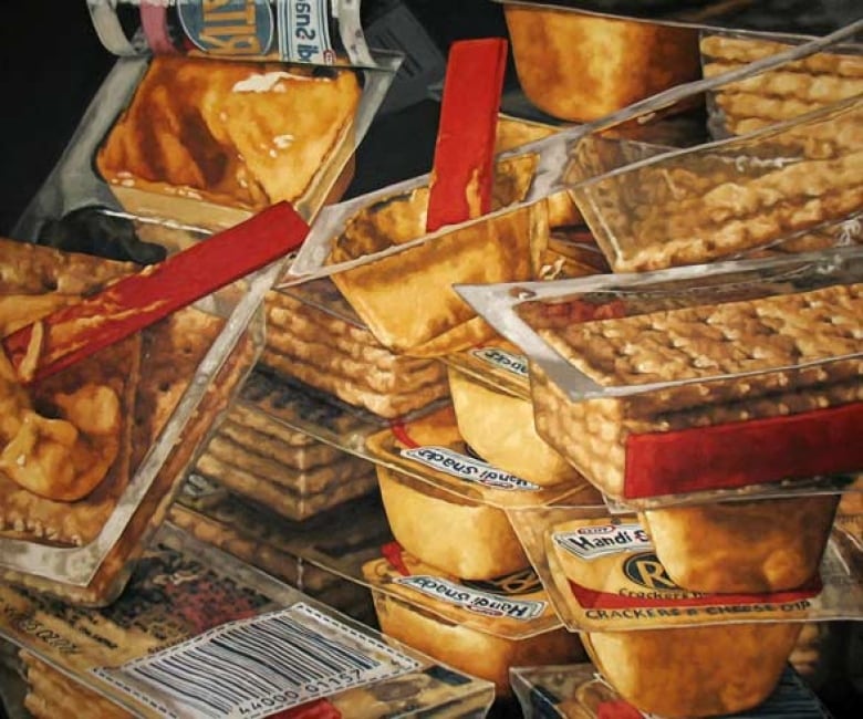 A painting shows a large stack of Handi Snacks, packages of Riz crackers with bright orange cheese dip.