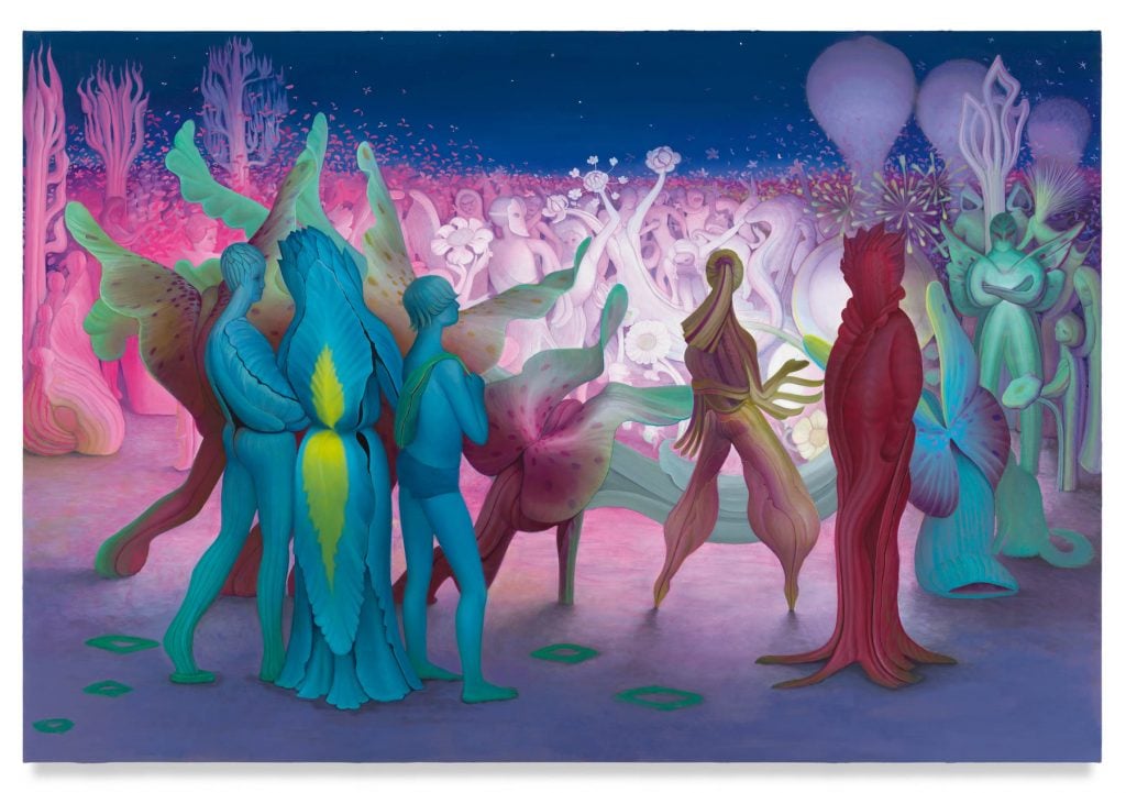 A technicolor and fantasy based rave scene with humanoid attendees in a night scene and lights in the distance, but artist Inka Essenhigh as part of contemporary women surrealists.