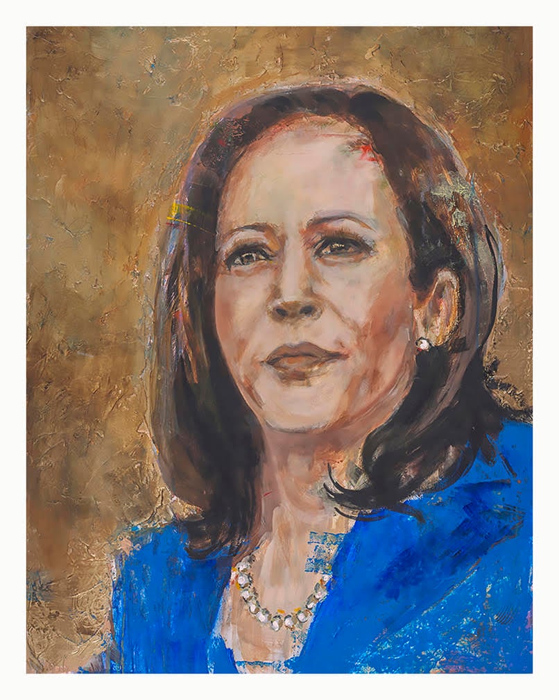 An image of a painting by Joan Baez depicting Kamala Harris from the bust up in a blue suit.