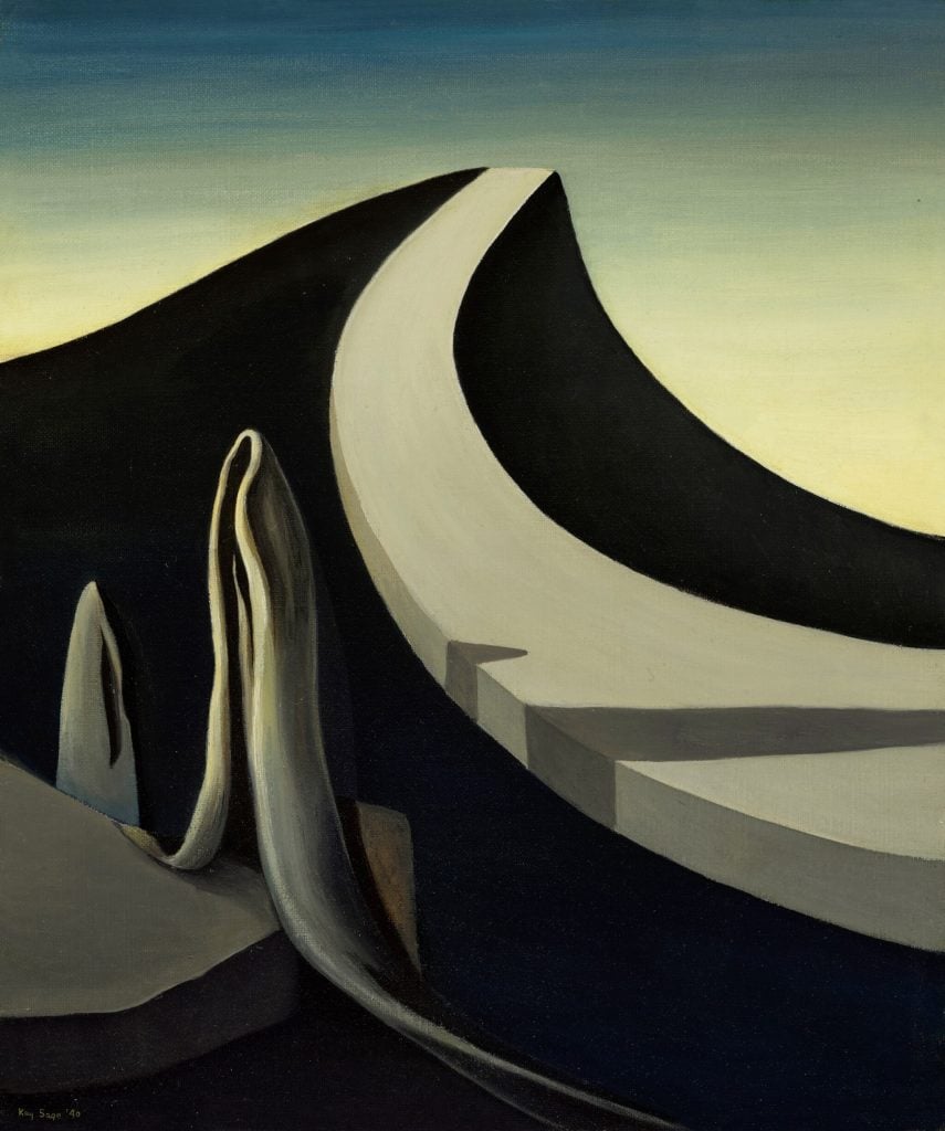 Surrealist landscape wherein a white causeway stretches from bottom right to a black rise in the landscape with two abstract white shapes on the left, by artist Kay Sage as part of the women surrealists movement.