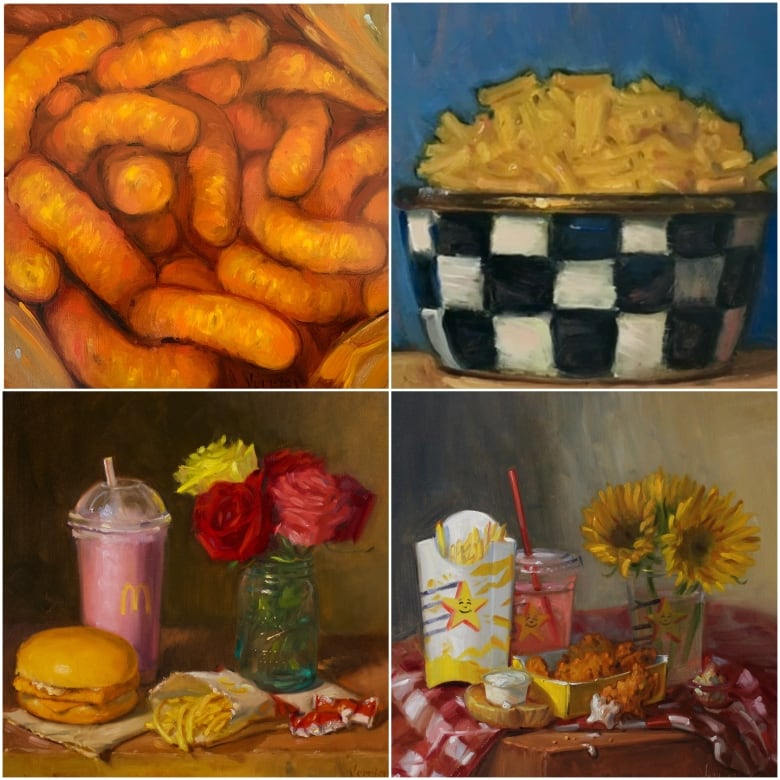 Four images of square oil paintings. One depicts a closeup of cheesies. One shows a bowl of Kraft Dinner. One featuresa McDonald's meal next to a vase of roses. And the last shows a Carl's Jr. meal with a vase of sunflowers. 