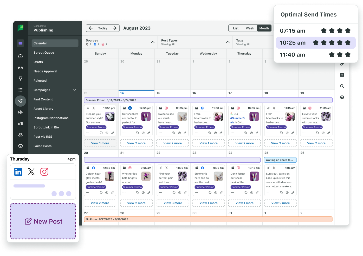 Sprout Social's Publishing Calendar with suggestions of Optimal Send Times for scheduling posts. 