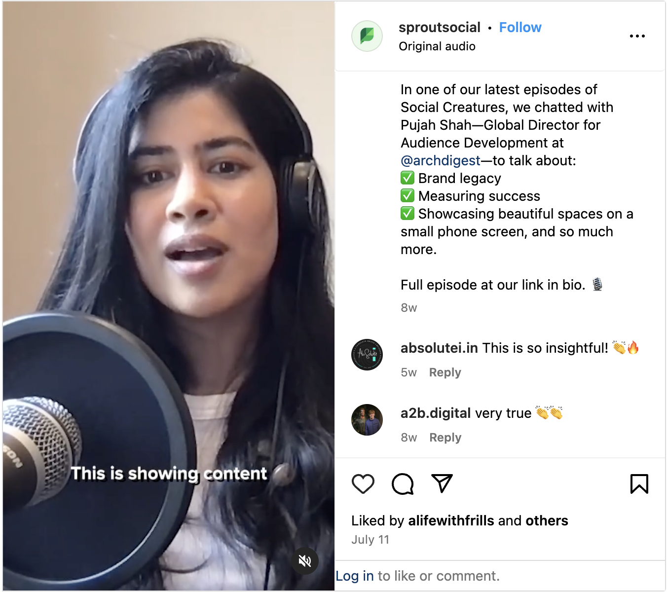 An Instagram post from Sprout Social sharing a clip from the podcast, Social Creatures. 