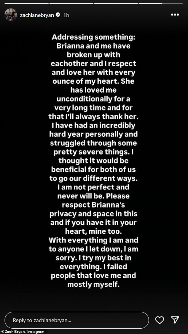 Zach first announced on his Instagram Stories they had parted ways after more than one year together with a lengthy statement