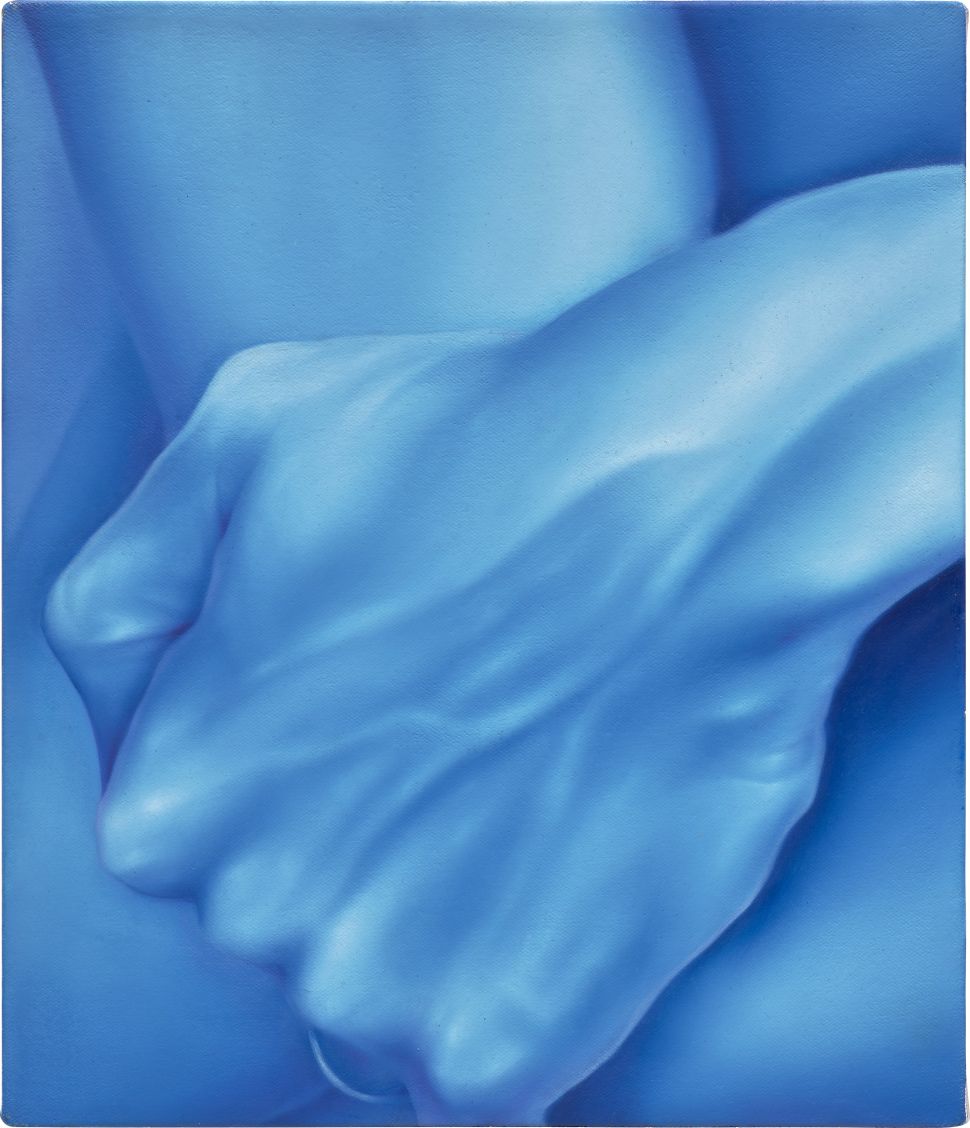 Painting of hands holding in blue. 