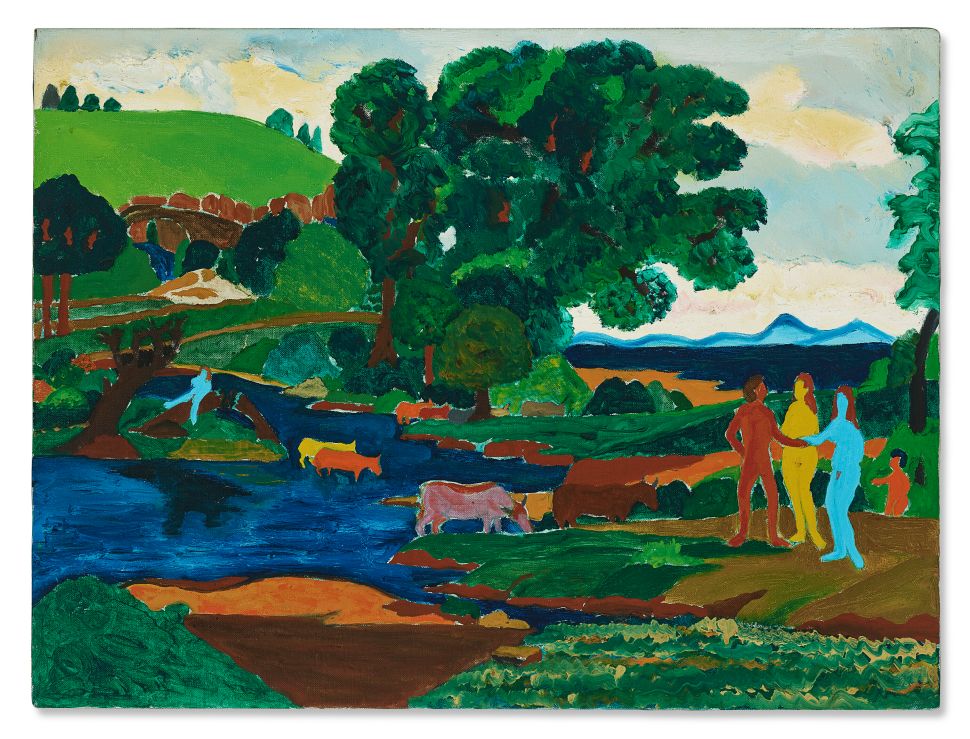 Image of a bucoplic landscape with colorful humans.