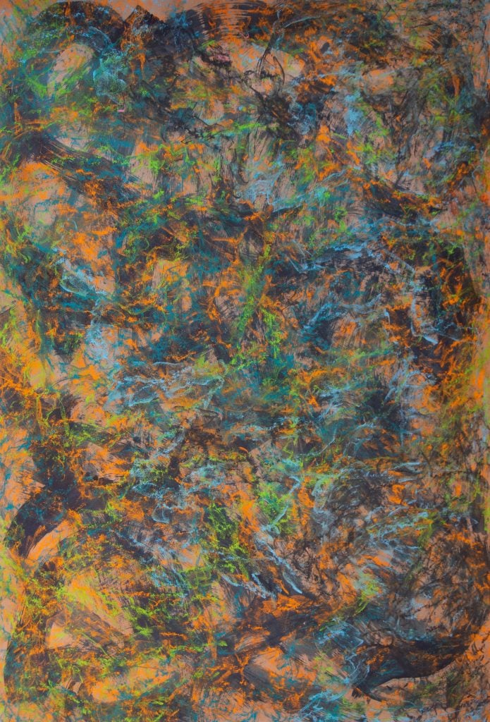 An abstract painting in shades of green, yellow, blue, and brown