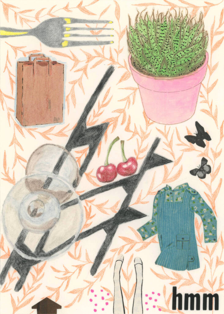 A collage featuring a cactus in a pink pot, a blue dress, cherries, a fork, CDs, butterfly, legs, a clipboard, and abstract shapes all on a leaf-patterned background with 