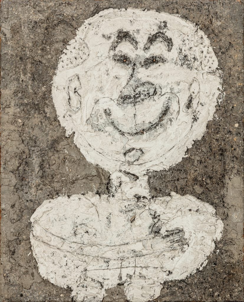 A work by Jean Dubuffet featuring a heavily impressionistic male figure in white on a brown background