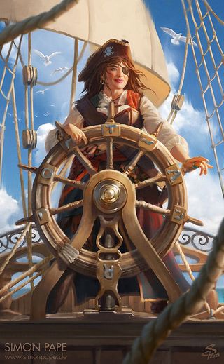 pirate woman with a steering wheel on a ship