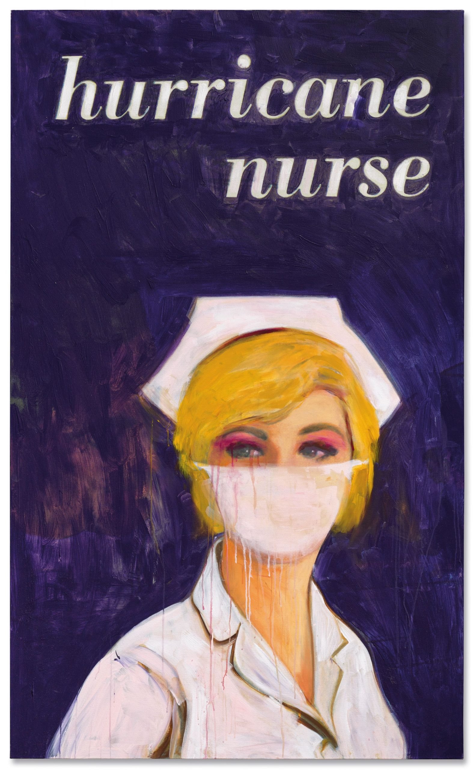 A painting of a masked nurse against a blue backdrop