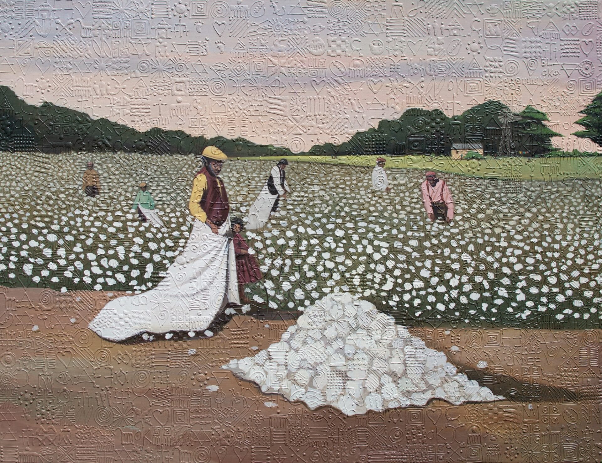 a horizontal painting on a geometrically textured canvas of a field with numerous Black people working to collect the cotton