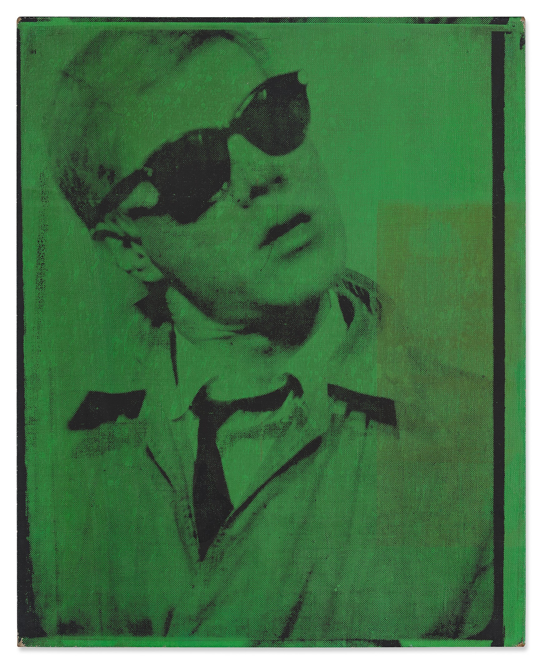 A green-tinted black-and-white photo shows a man in a trenchant, sunglasses, and a tie