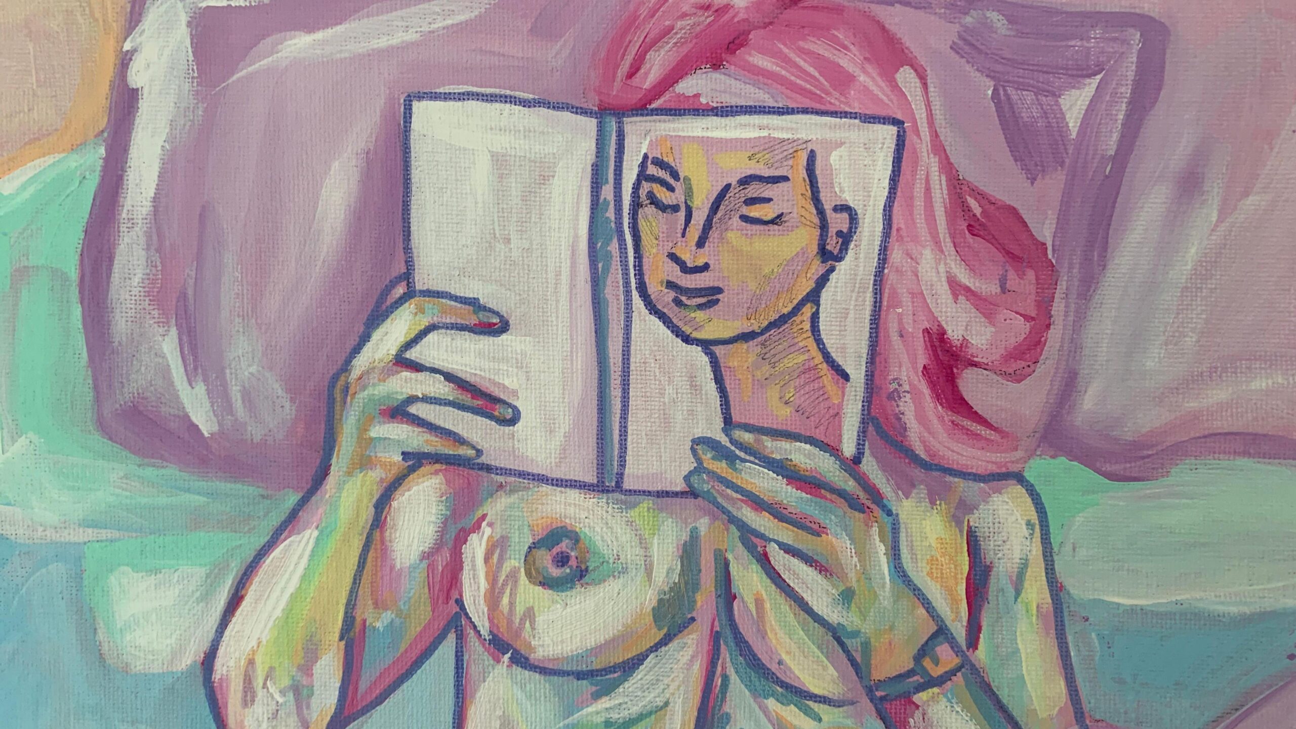 Laura - an abstract figurative art painting showing a naked woman reading a book while in bed.