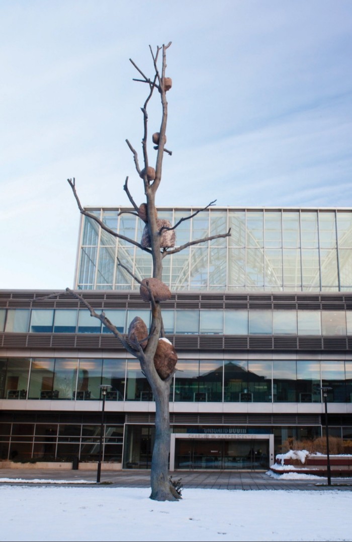 A tall, bare tree sculpture with boulders attached to its branches is featured in the middle of a snowy plaza, framed by a contemporary building with glass and metal elements