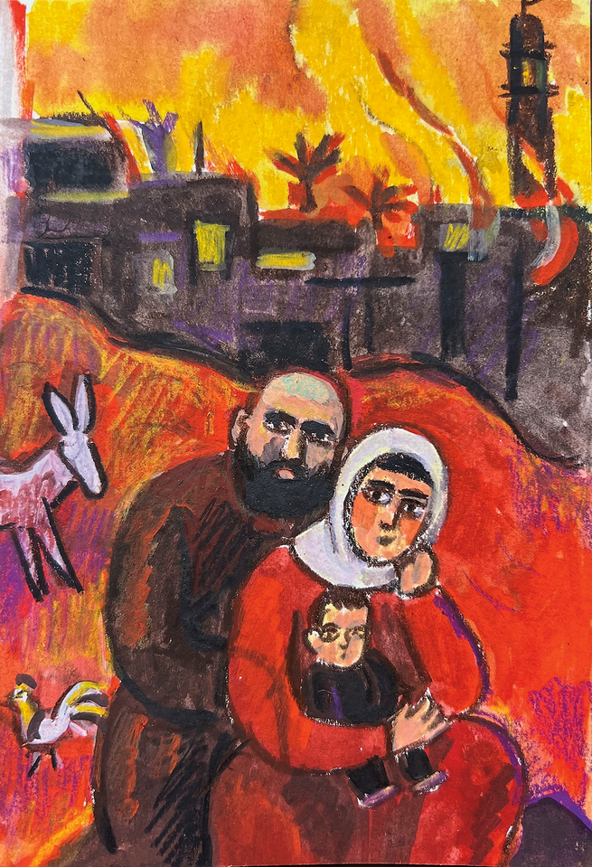 painting of bearded man holding woman in hijab and red dress cradling small child in front of town buldings with minaret consumed by flames