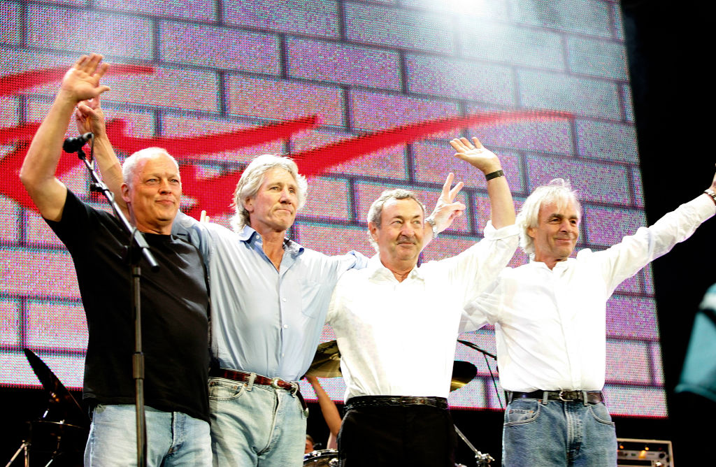 (L to R) David Gilmour, Roger Waters, Nick Mason and Rick Wright from the band Pink Floyd on stage at 