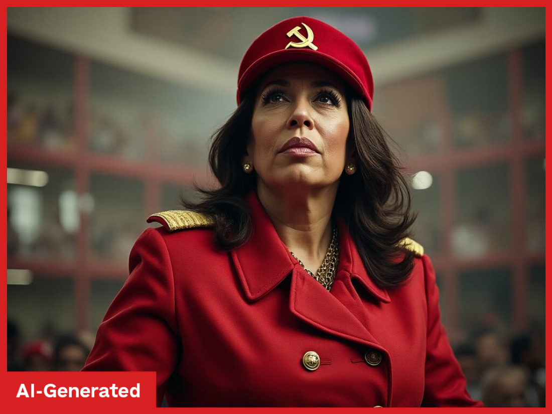 An AI-generated image purporting to show Vice President Kamala Harris wearing communist garb. The image was shared by X's owner, Elon Musk, to millions of his social media followers.