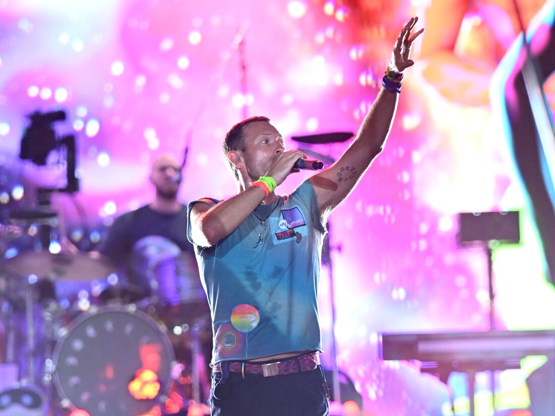 Coldplay performs during the Glastonbury Festival 2024 on June 29, 2024. This week, the band's 10th album, Moon Music, became its fifth to hit No. 1 on the Billboard 200 album chart.