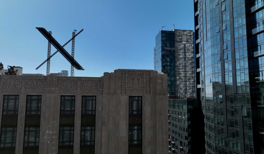 A large X logo on the roof of X, formerly Twitter, headquarters on July 31, 2023 in San Francisco. Musk has since announced that the company's headquarters are moving to Texas.