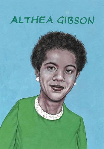 Anita Kunz’s portrait of Althea Gibson. Gibson was a star athlete in both golf and tennis. She became the first African American woman to win both Wimbledon and the US National (now the US Open) titles.  