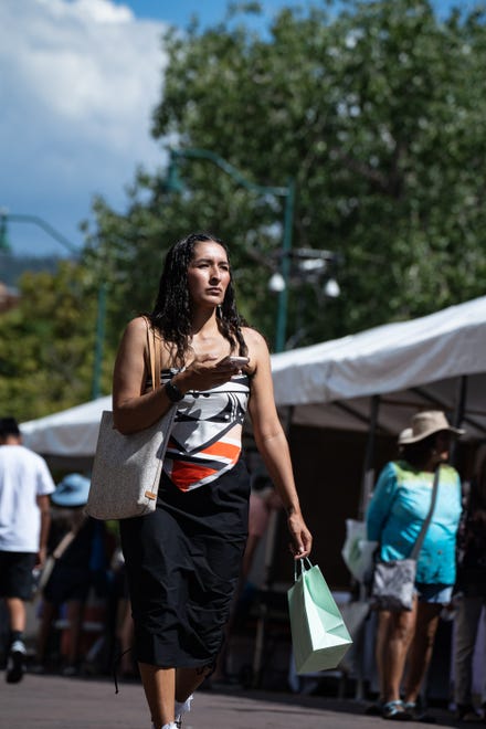 People crowd the plaza for the Santa Fe Indian Market on Aug. 17, 2024 in Santa Fe, New Mexico.