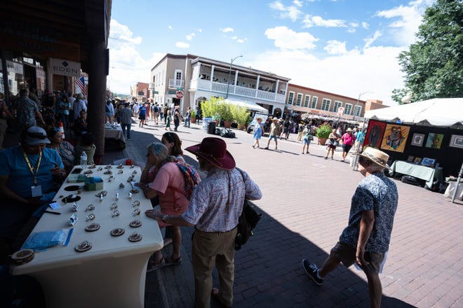 People crowd the plaza for the Santa Fe Indian Market on Aug. 17, 2024 in Santa Fe, New Mexico.