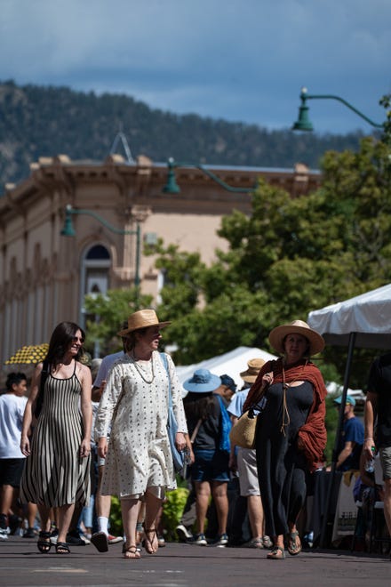 People crowd the plaza for the Santa Fe Indian Market on Aug. 17, 2024, in Santa Fe, New Mexico.