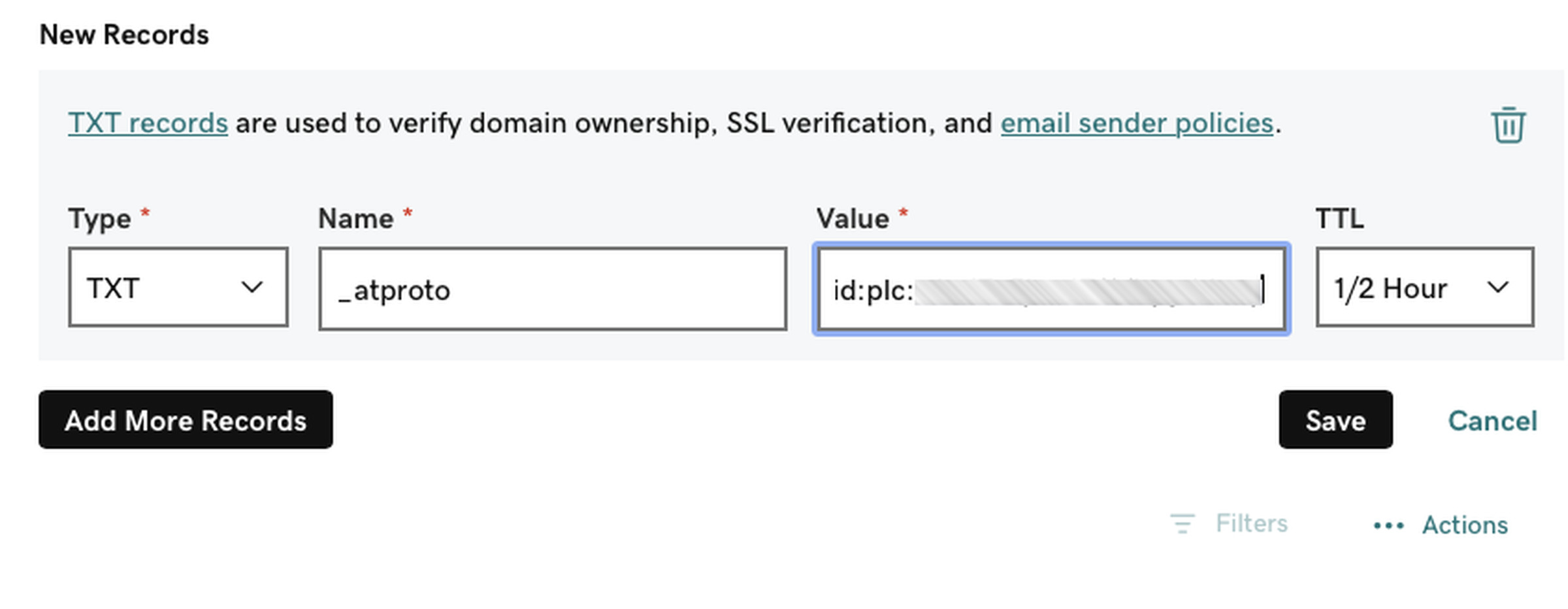 A screenshot showing a New Record form on GoDaddy’s DNS management screen.