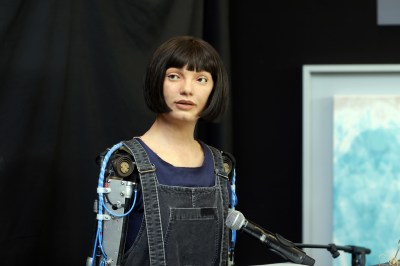 GENEVA, SWITZERLAND - JULY 07: Ai-Da Robot is the first AI powered Robot Artist and is pictured during the UN Global Summit on AI for Good, where they are giving the keynote speech, on July 07, 2023 in Geneva, Switzerland. (Photo by Johannes Simon/Getty Images for Aidan Meller)