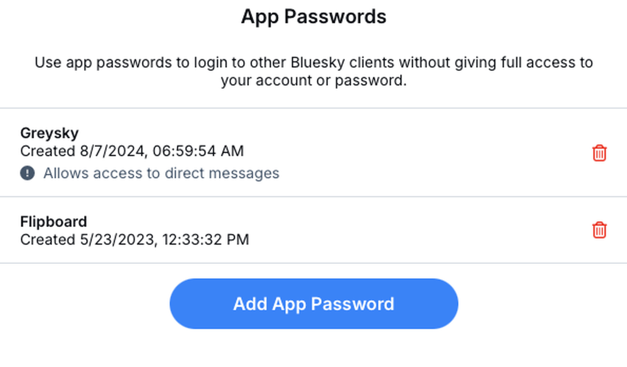 Screenshot showing the App Passwords screen, which lists two apps that have had passwords created for them. At the bottom, there’s an “Add App Password” button.