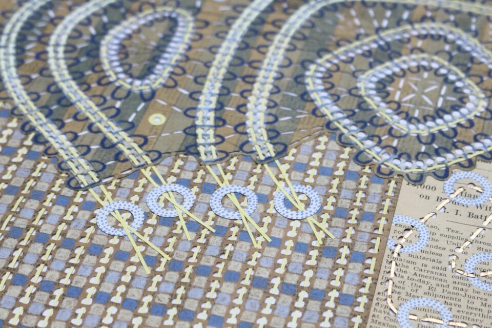 a detail of a paper collage artwork made from a vintage newspaper, drawings, and acrylic to create a geometric weaving