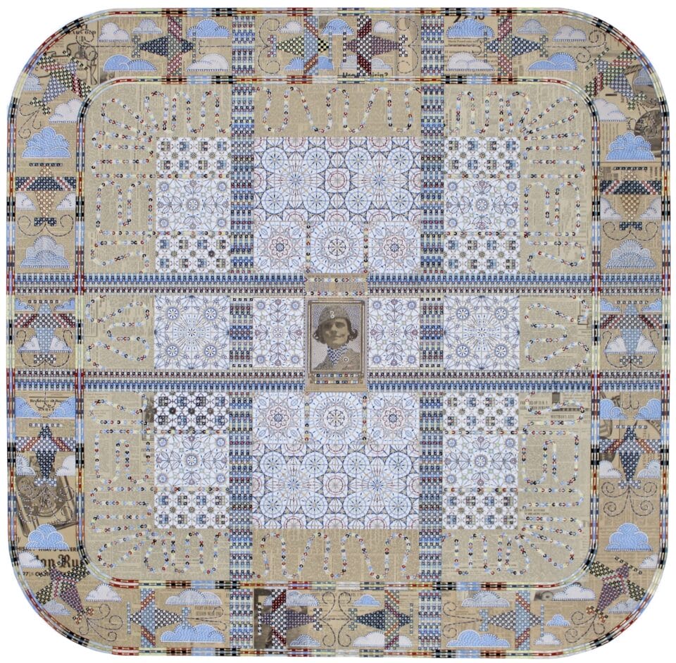 a detail of a paper collage artwork made from a vintage newspaper, drawings, and acrylic to create a geometric weaving with a photograph in the center