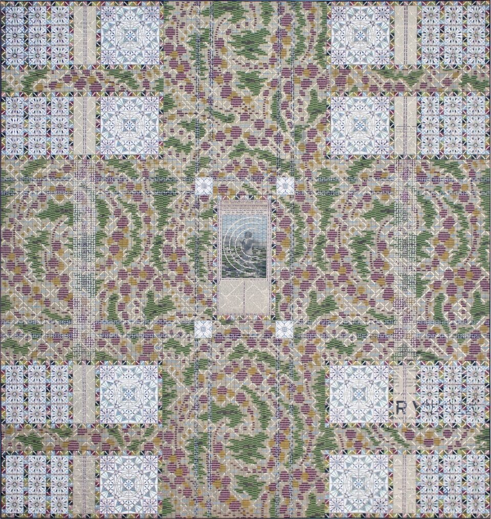 a paper collage artwork made from a vintage newspaper, drawings, and acrylic to create a geometric weaving with a photo in the center